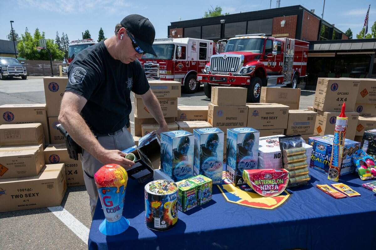 Cal Fire Supervisor for Arson and Bomb Bryan Gougé opens a box of illegal aerial motars as Cal Fire with local firefighting agencies discuss the dangers of illegal fireworks on Tuesday, June 27, 2023, in Sacramento.